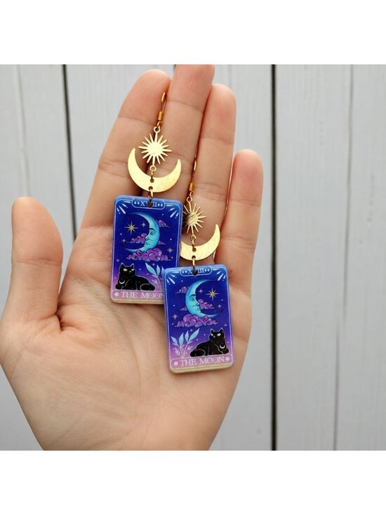 Jewelry - The Moon Black Cat Tarot Style Dangle Earrings Acrylic Handmade Celestial Sun